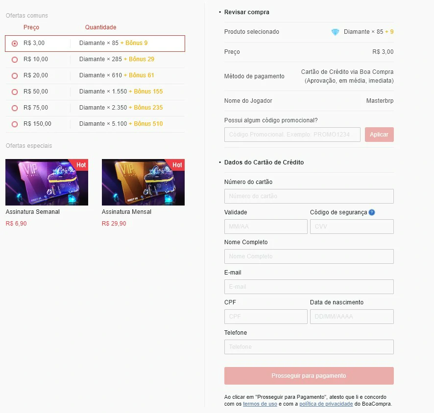 Digite as informações do seu cartão - Maneiras de comprar diamantes no FreeFire