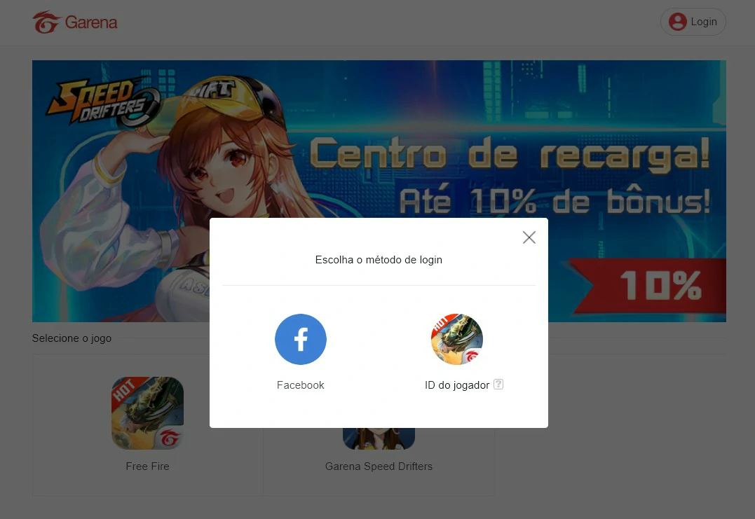 Faça login - Maneiras de comprar diamantes no FreeFire
