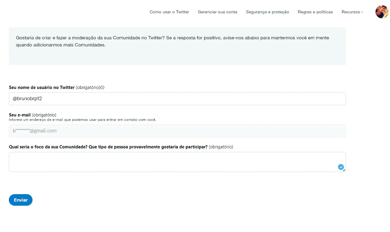 Formulário do Twitter - Comunidades do Twitter como usar