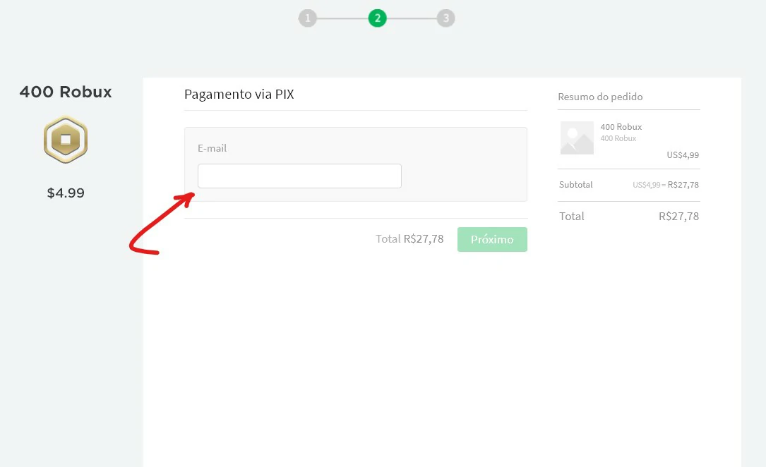Insira seu email - Como comprar Robux no Roblox.