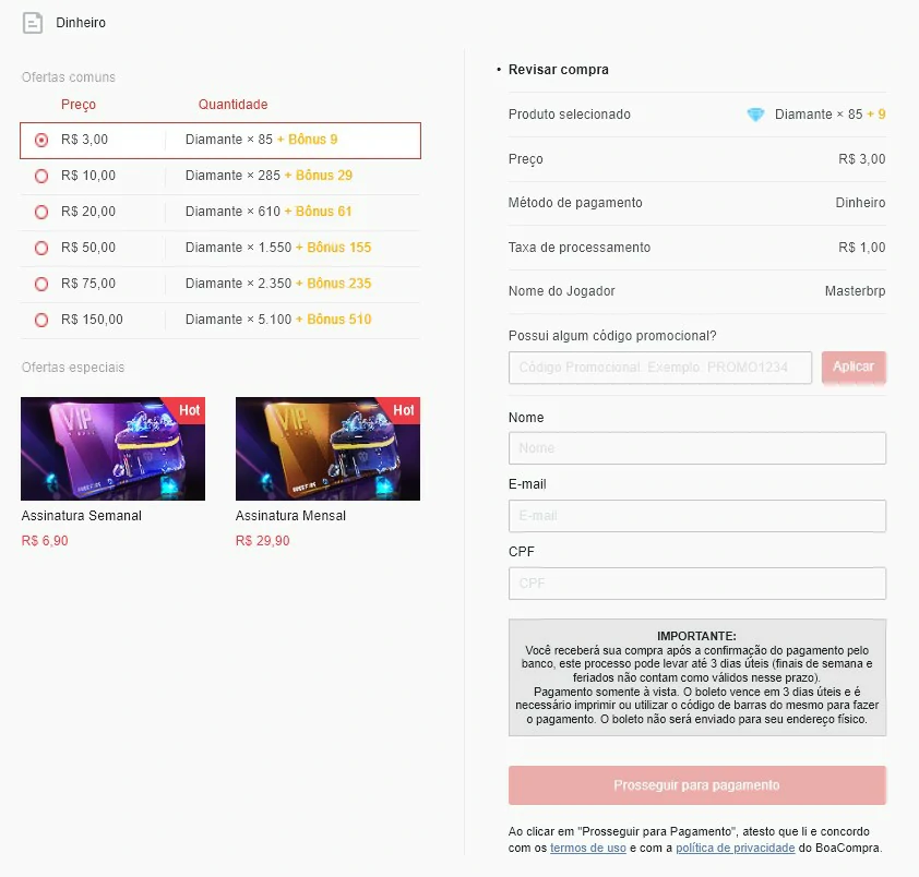 Insira suas informações pessoais para boleto - Maneiras de comprar diamantes no FreeFire
