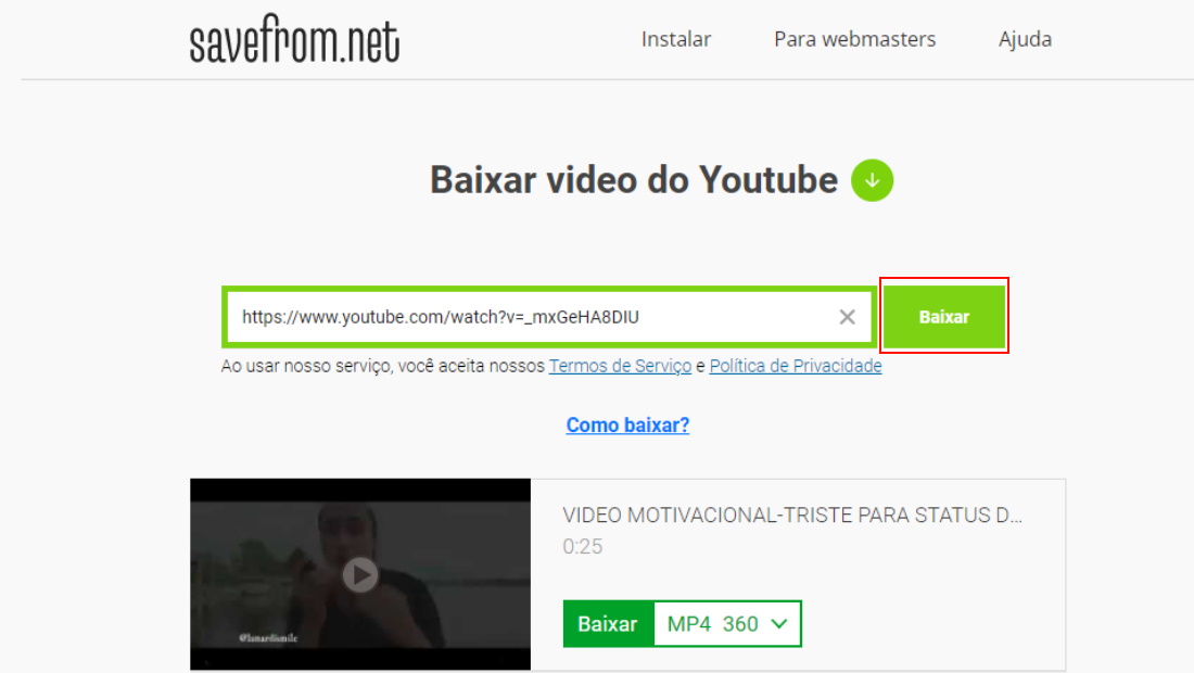 O botão baixar está facilmente localizado