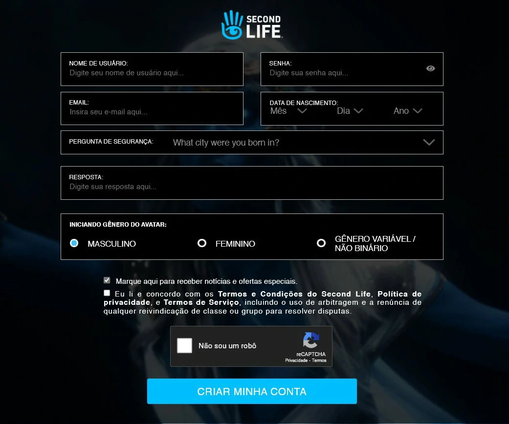 Preencha o formulário - como baixar e instalar o second life