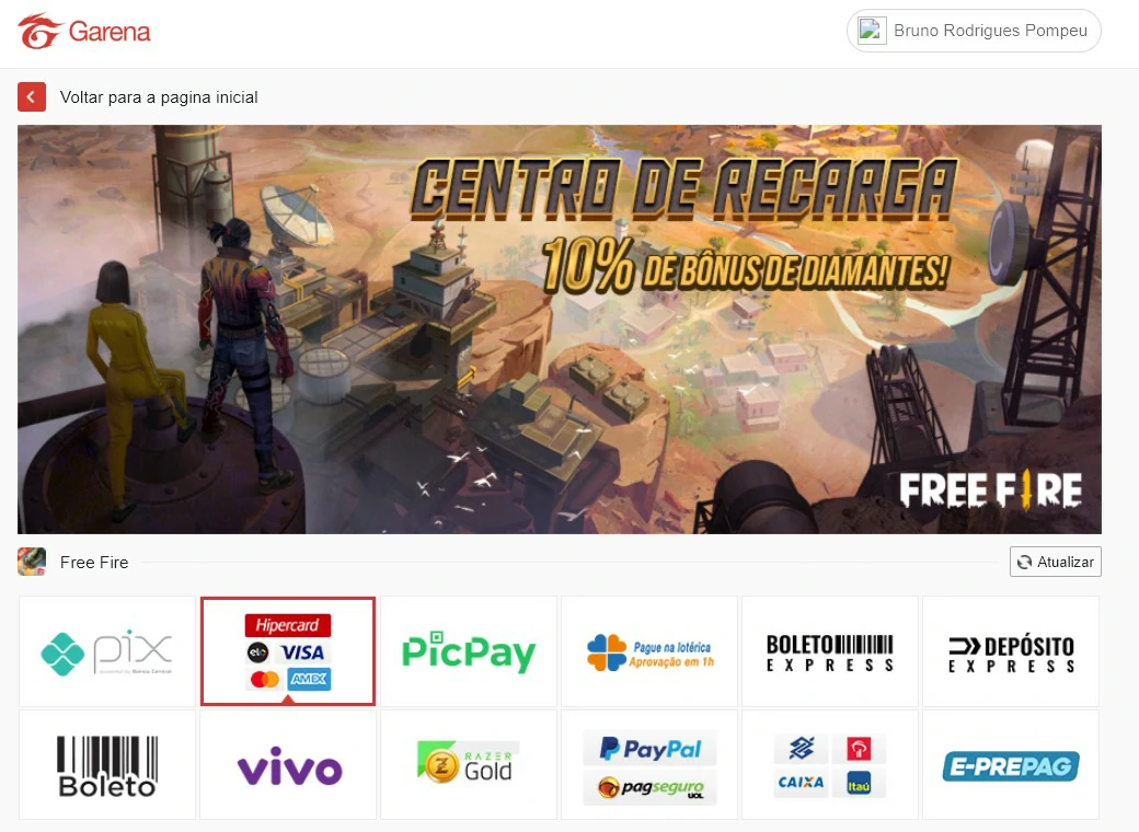 Selecione Cartões de crédito - Maneiras de comprar diamantes no FreeFire