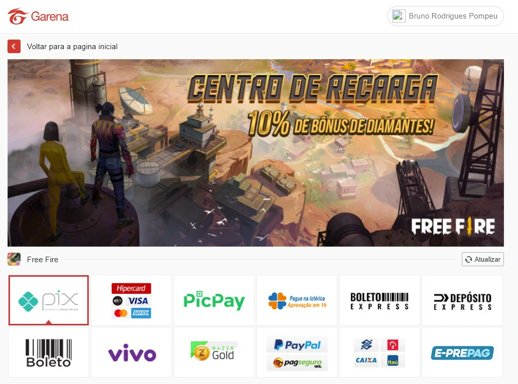 Selecione Pix - Maneiras de comprar diamantes no FreeFire