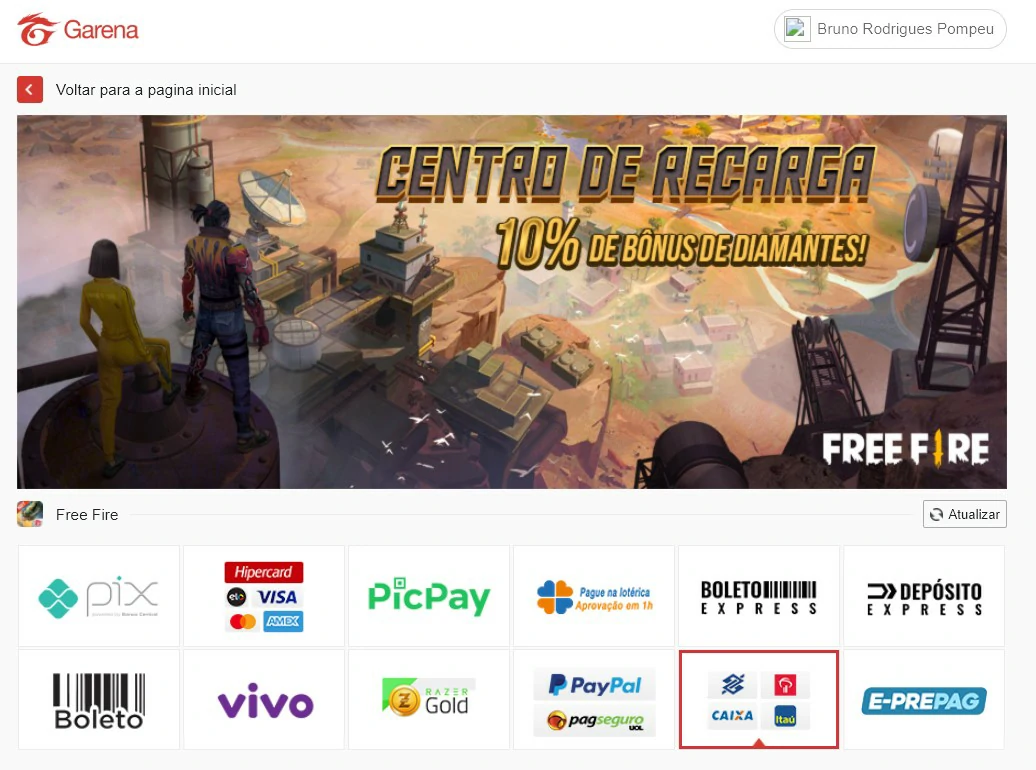 Selecione Transferencia bancaria- Maneiras de comprar diamantes no FreeFire