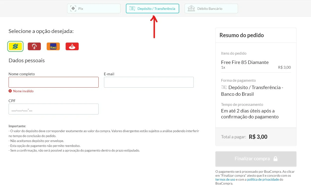 Selecione depósito - Maneiras de comprar diamantes no FreeFire