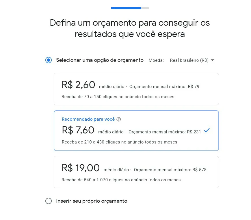 Selecione o quanto gostaria de pagar pelo o anuncio - Como anunciar no Google Meu Negócio