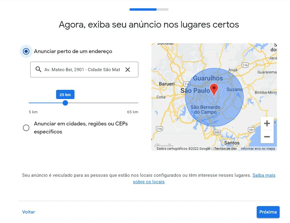 Selecione o raio para a divulgação do seu negócio - Como anunciar no Google Meu Negócio