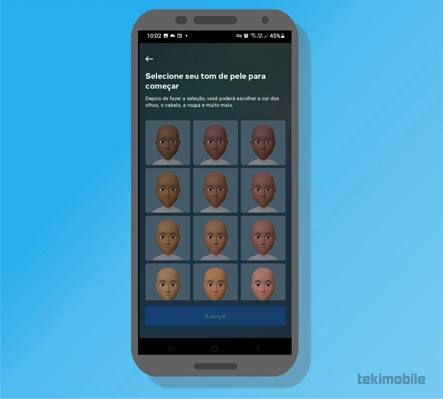 Selecione o tom de pele - Metaverso como criar Avatar no Instagram