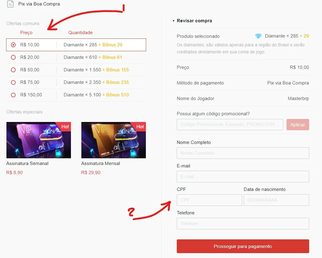 Selecione o valor - Maneiras de comprar diamantes no FreeFire