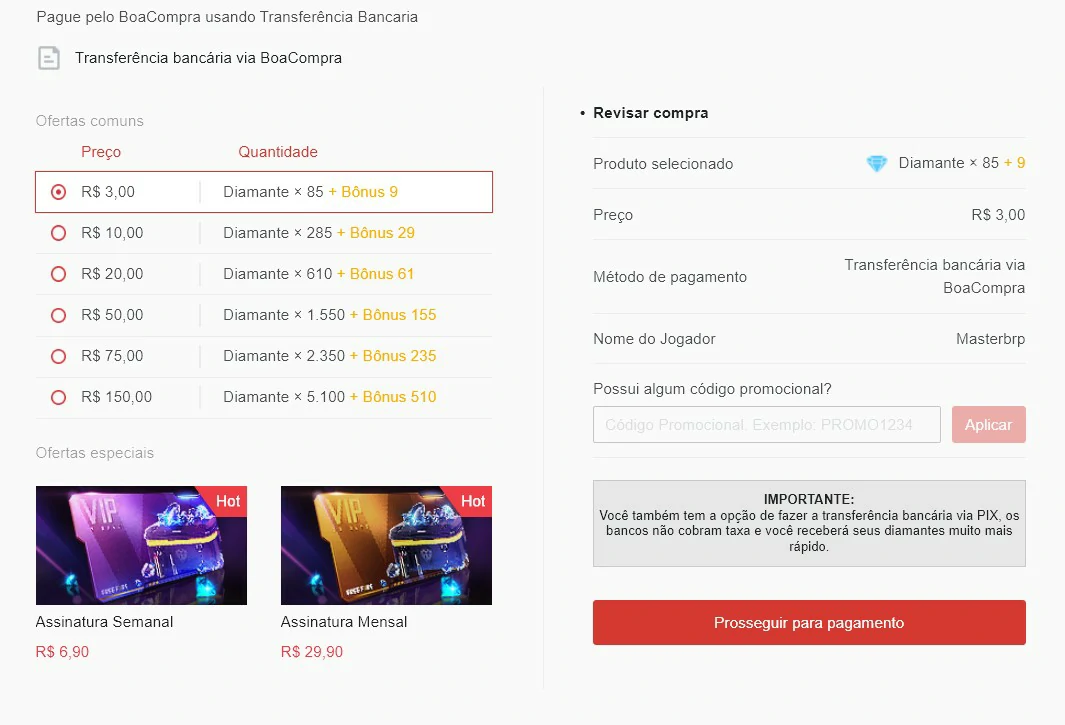 Selecione o valor desejado para transferencia - Maneiras de comprar diamantes no FreeFire