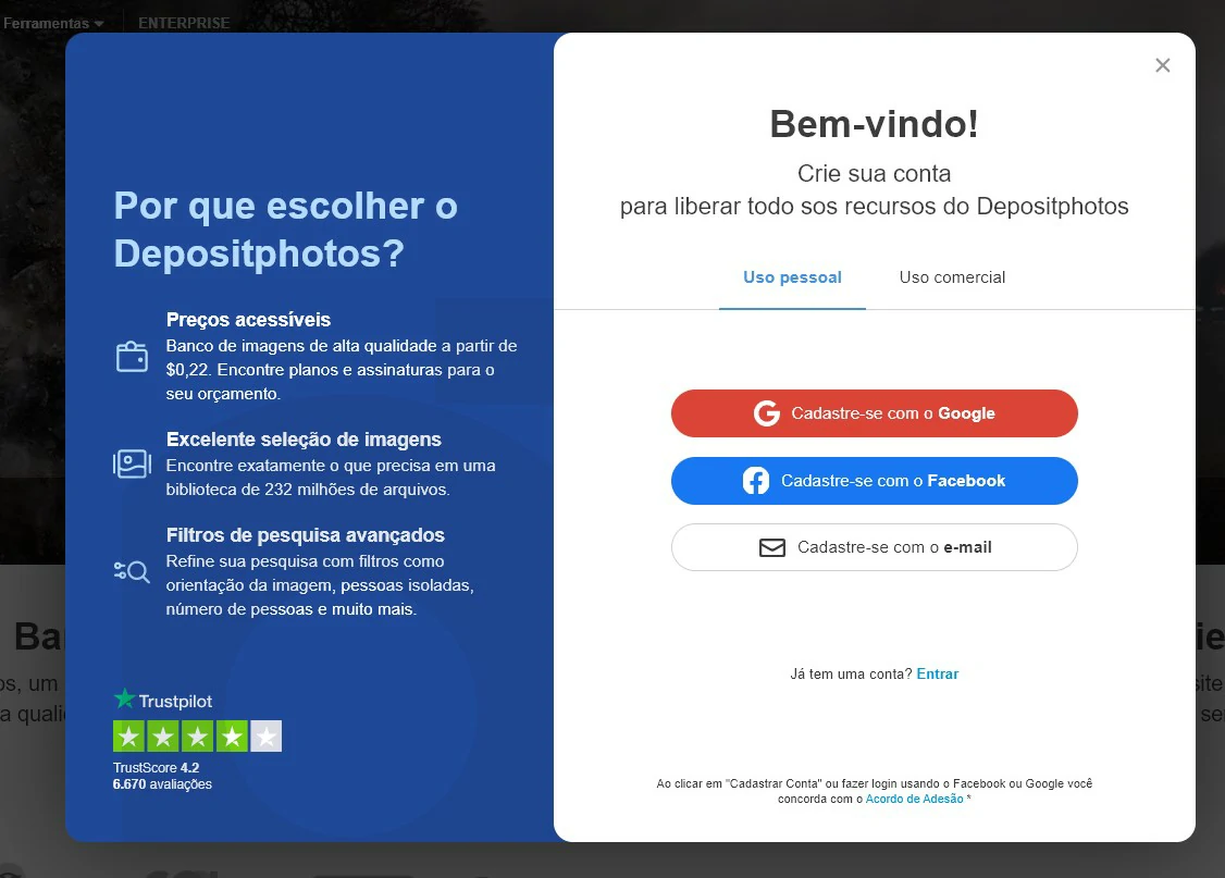 Selecione uma opção de cadastro - Como baixar fotos do depositphotos