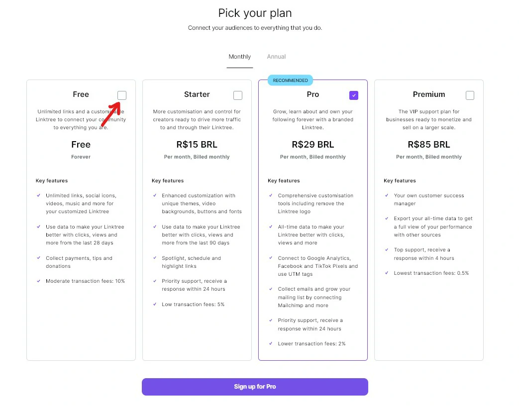 toque sobre a opção gratuita - Como fazer um Linktree passo a passo