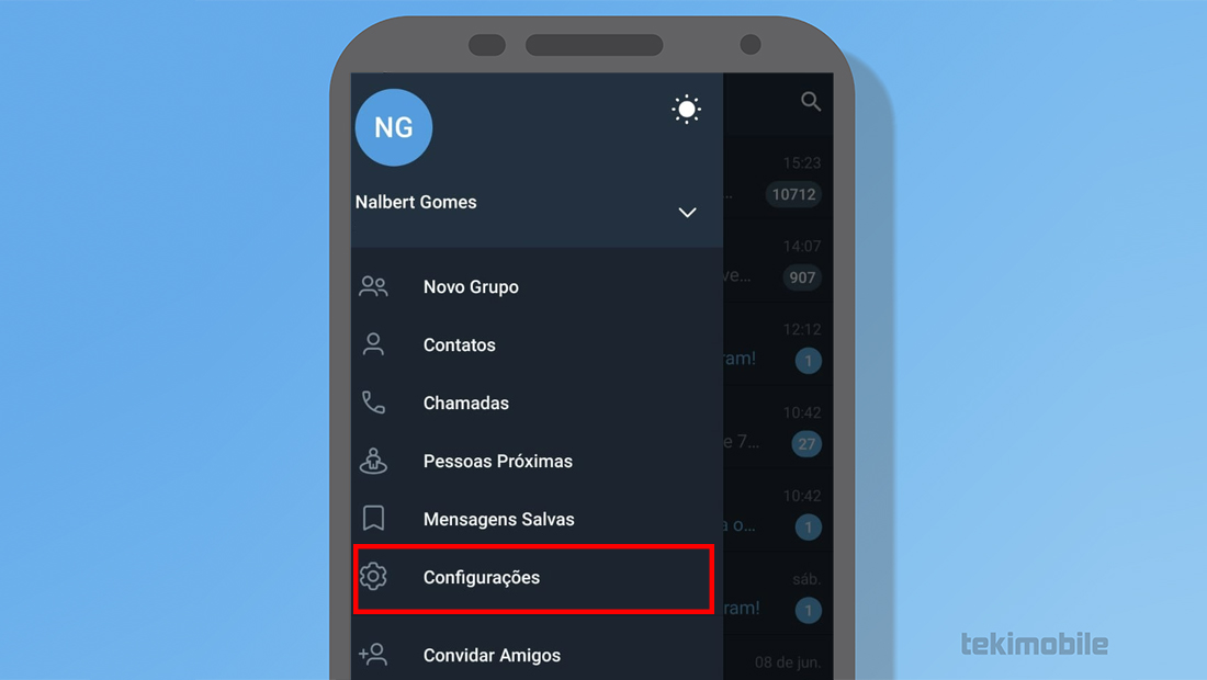 As configurações é a sexta opção