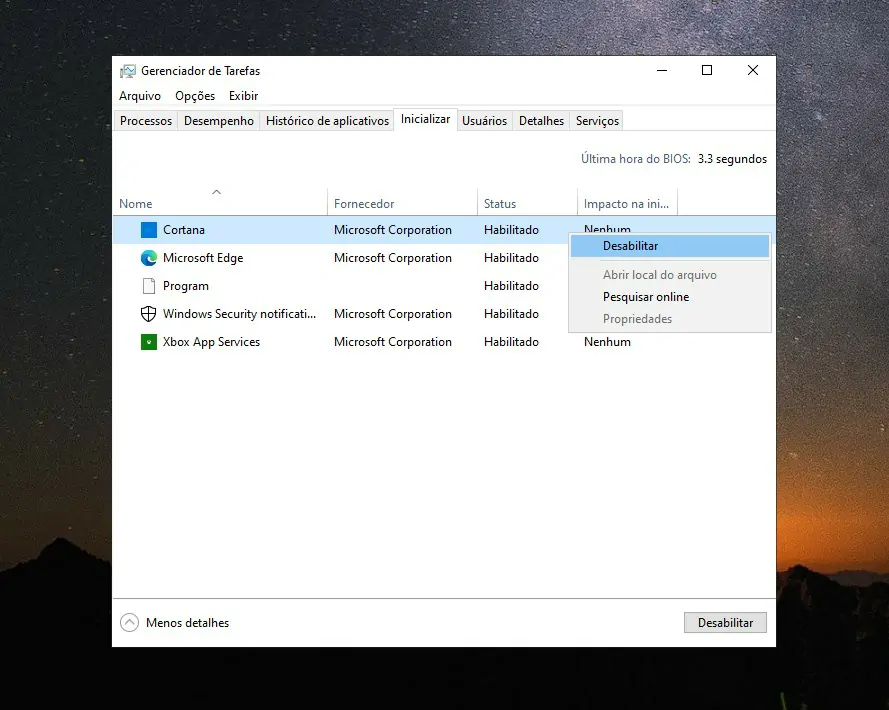 Clique com o botão direito e desabilite - Como otimizar o Windows