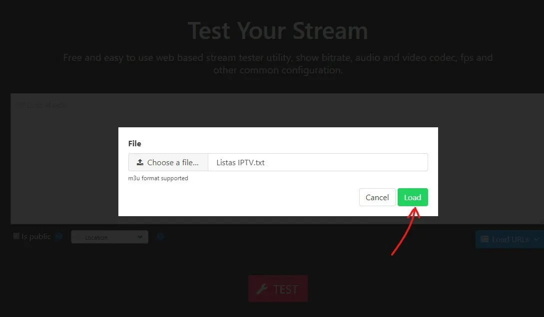 Clique em Load - Teste IPTV como testar link de IPTV