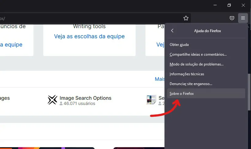 Clique em Sobre Firefox - Como instalar extensões no Firefox
