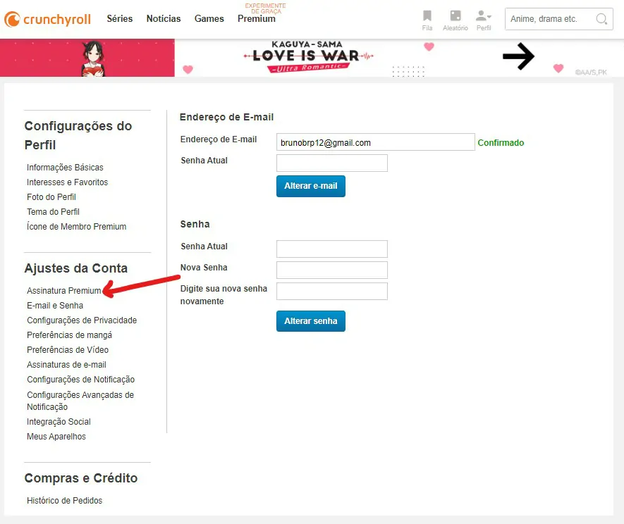 Clique sobre a opção Assinatura - Como cancelar conta do Crunchyroll