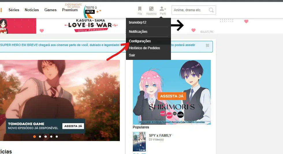 Clique sobre a opção de Configurações - Como cancelar conta do Crunchyroll