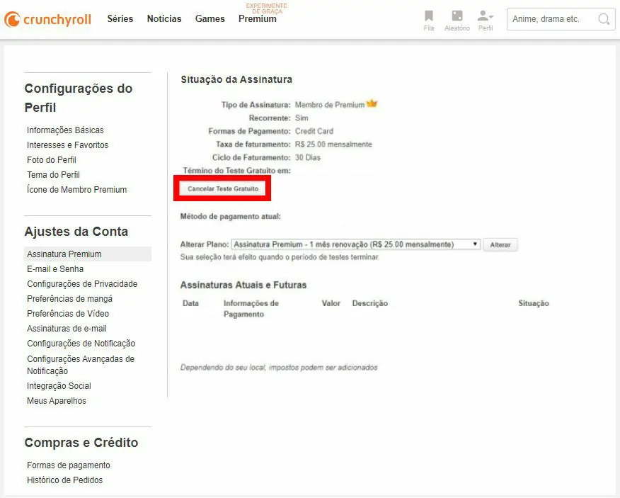 Clique sobre o botão Cancelar teste gratuito - Como cancelar conta do Crunchyroll