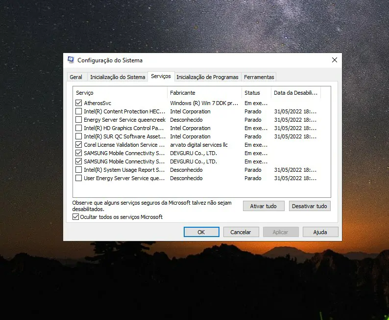Desmarque as opções que julgar necessário - Como otimizar o Windows