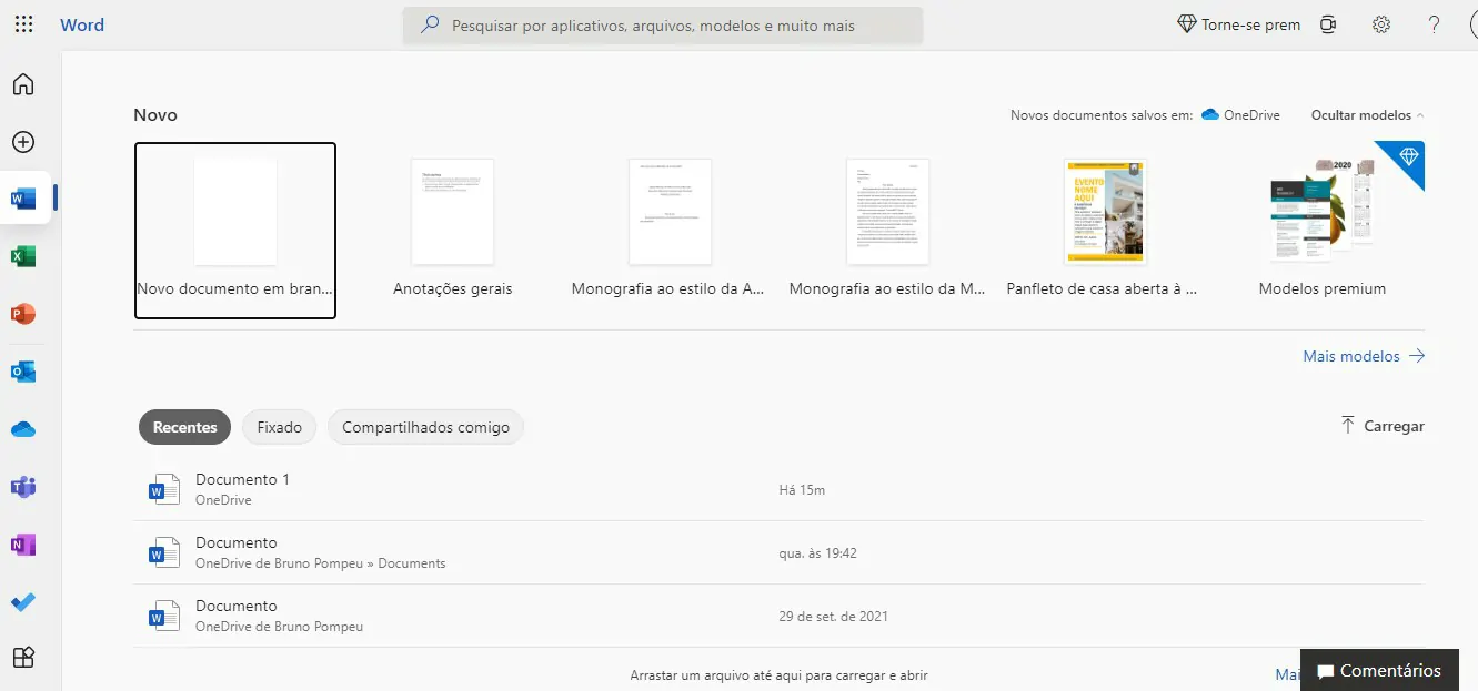 Escolha um documento ou crie um novo - Como usar o Word online