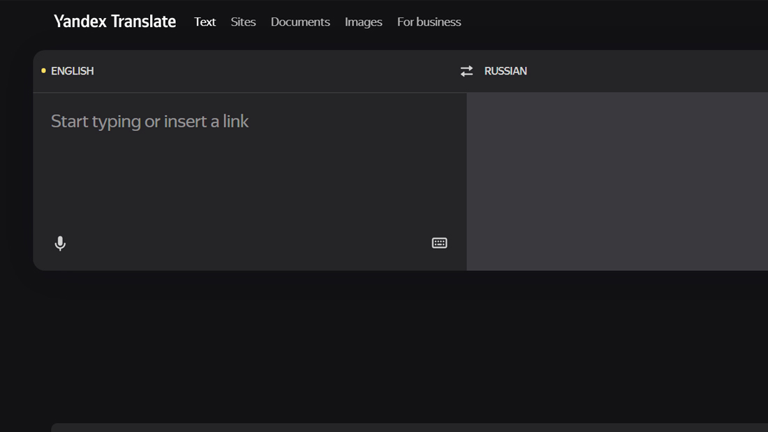 O site do Yandex é simples e limpo