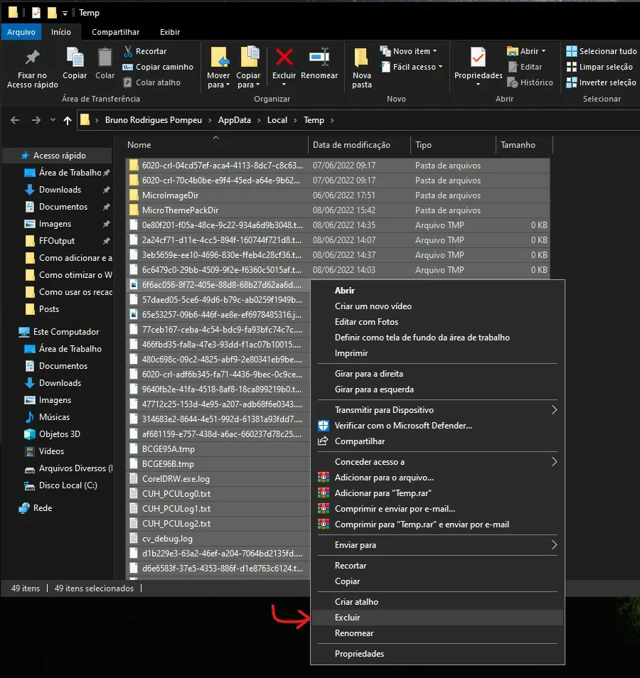 Selecione Excluir - Como otimizar o Windows