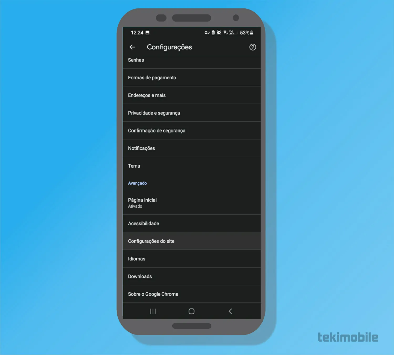 Selecione configurações do site - Como tirar propaganda do celular
