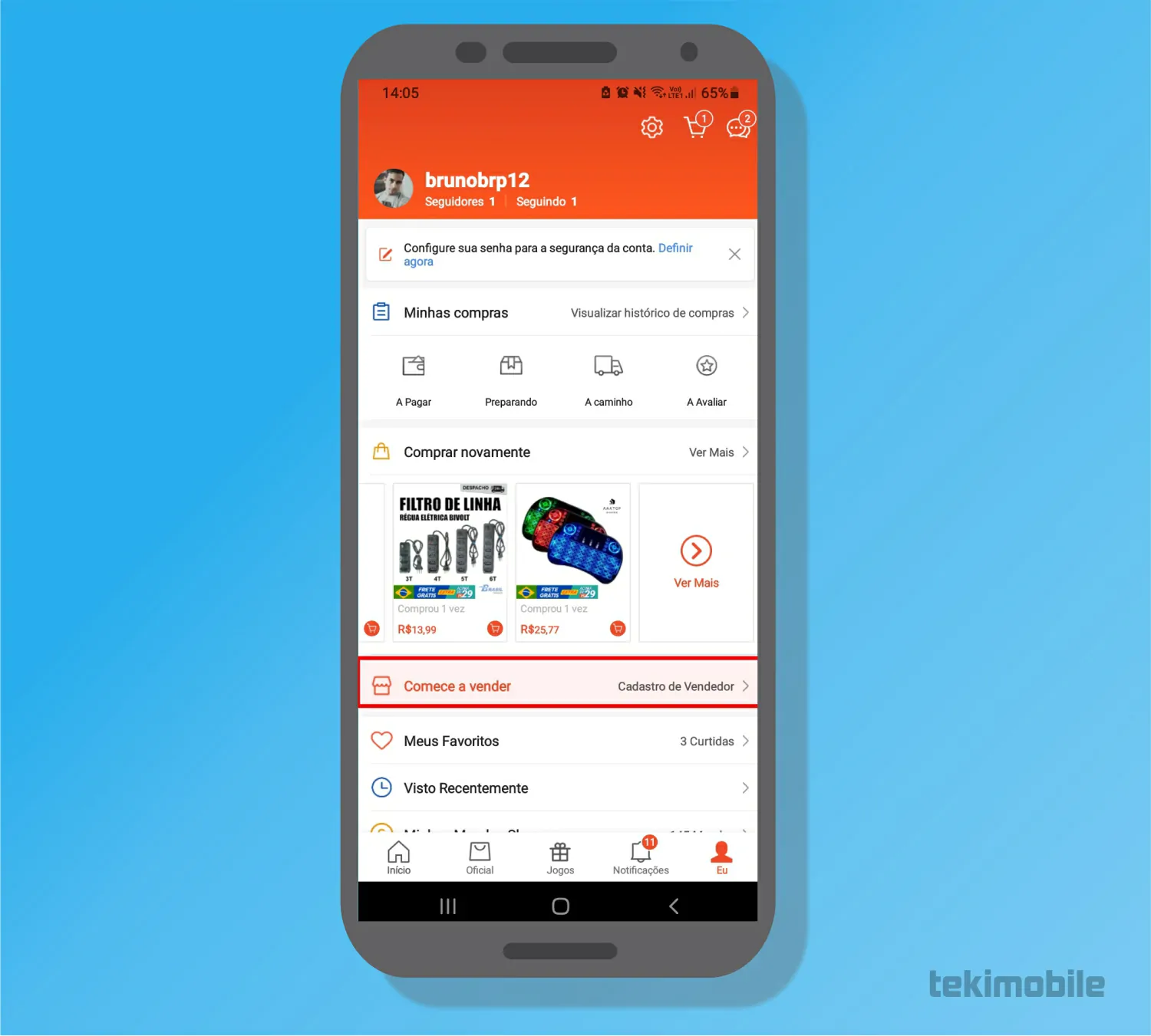 Toque Começar a vender - Como vender no Shopee