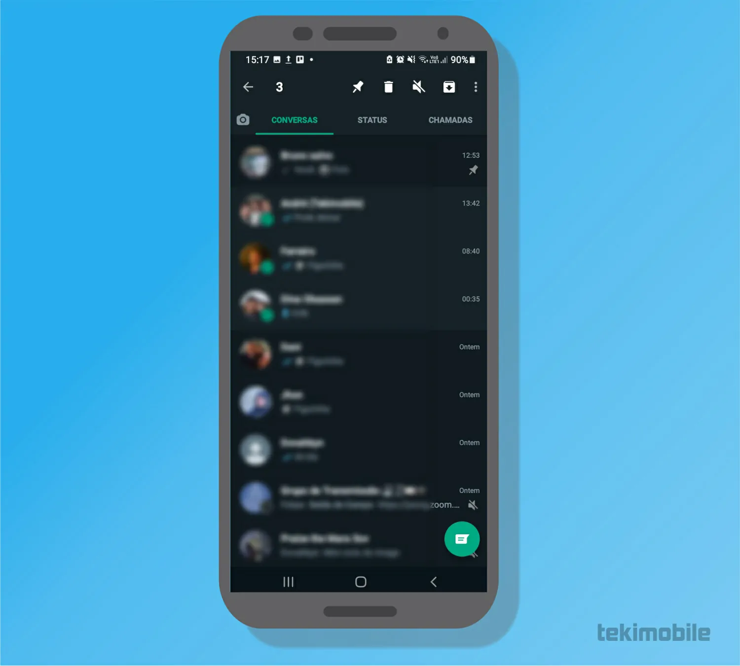 Toque e segure sobre os contatos e selecione a lixeira na parte superior - WhatsApp fora do Ar Causas e soluções