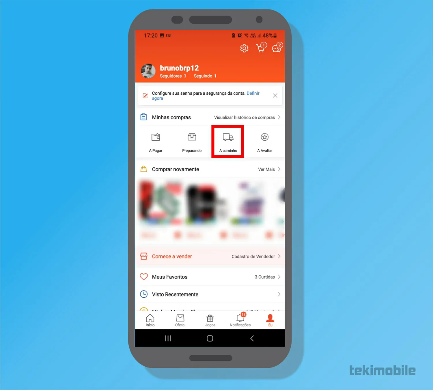 Toque em A caminho - Como cancelar, devolver e pedir reembolso no Shopee