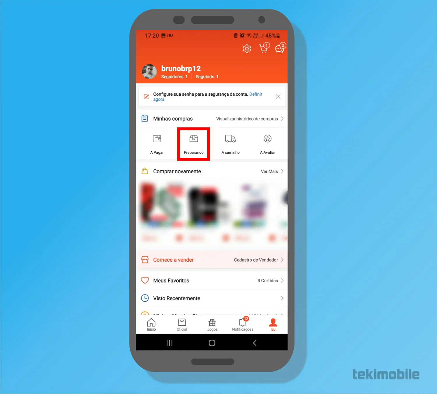 Toque em Preparando - Como cancelar, devolver e pedir reembolso no Shopee