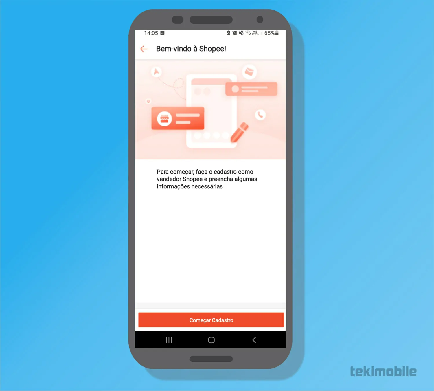 Toque no botão para cadastrar - Como vender no Shopee
