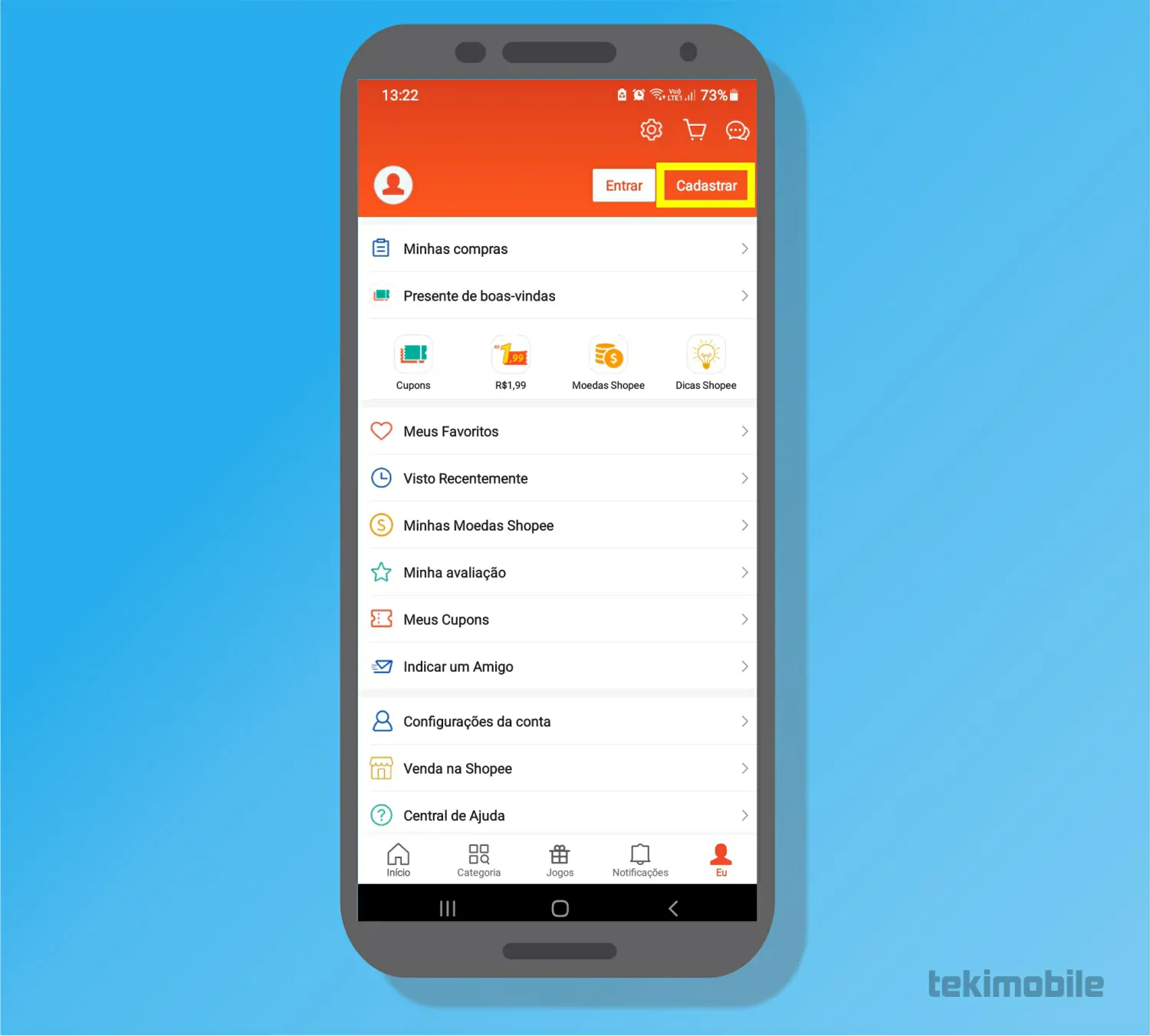 Toque sobre Cadastrar - Central do vendedor Shopee o que é e como usar