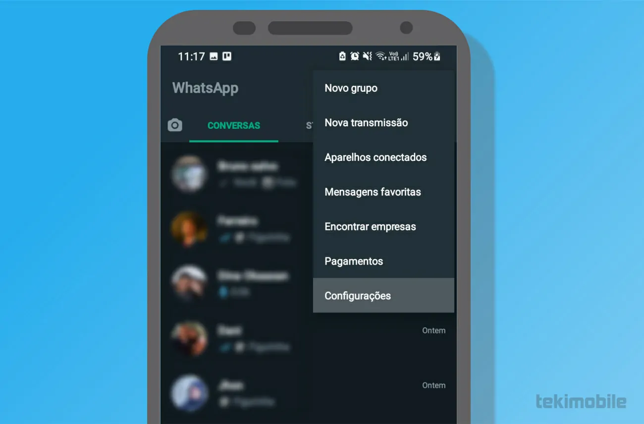 Toque sobre Configurações - Como ocultar foto do perfil do WhatsApp