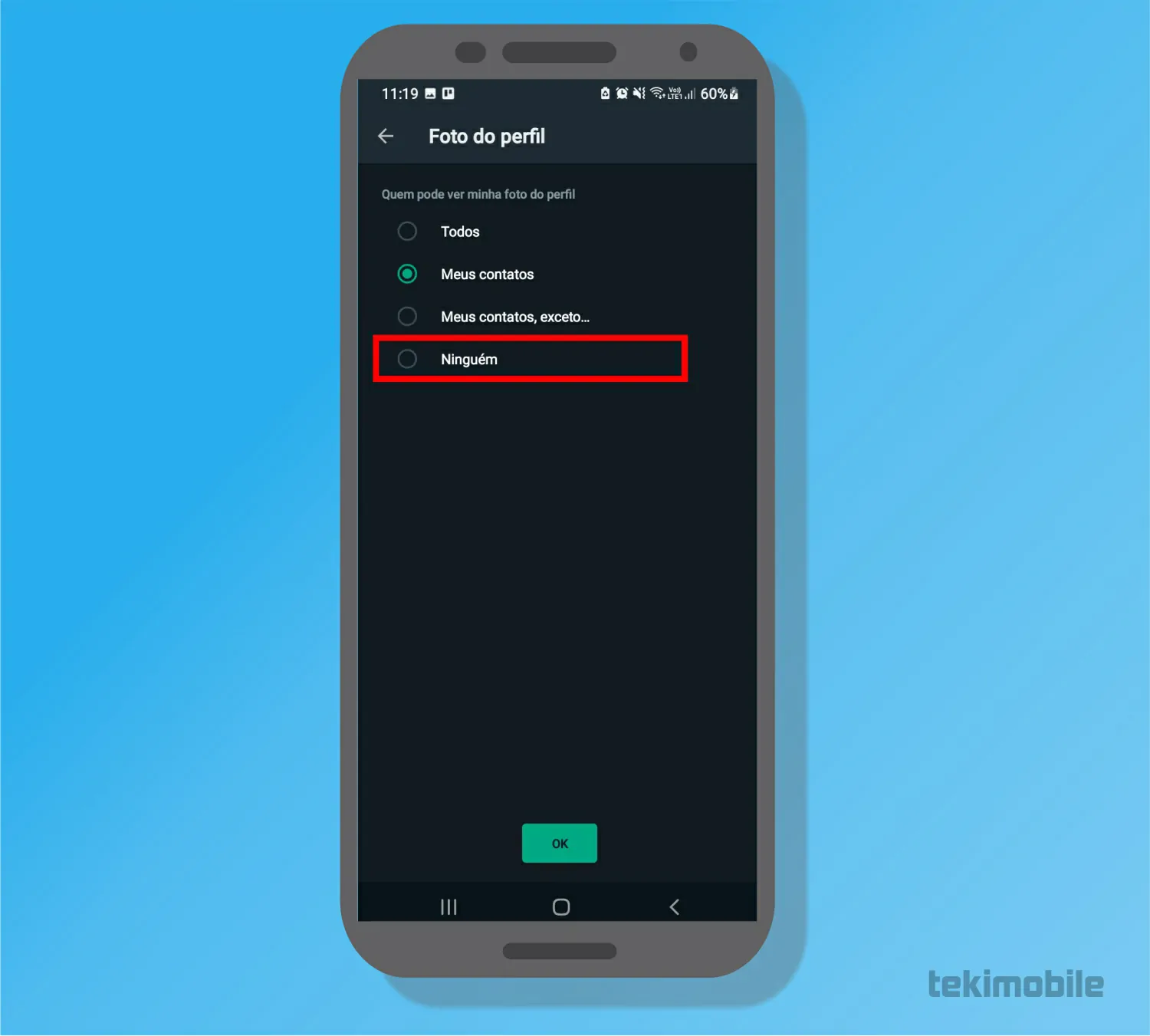 Toque sobre Ninguém - Como ocultar foto do perfil do WhatsApp