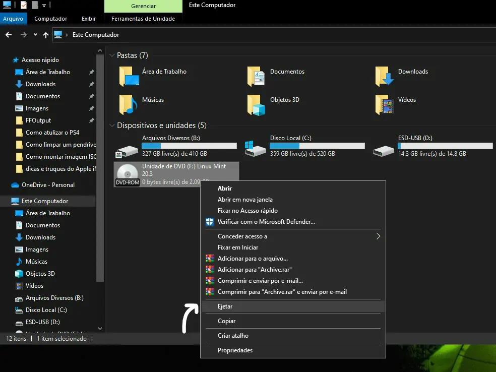 Clique em ejetar - Como montar imagem ISO no Windows sem programas