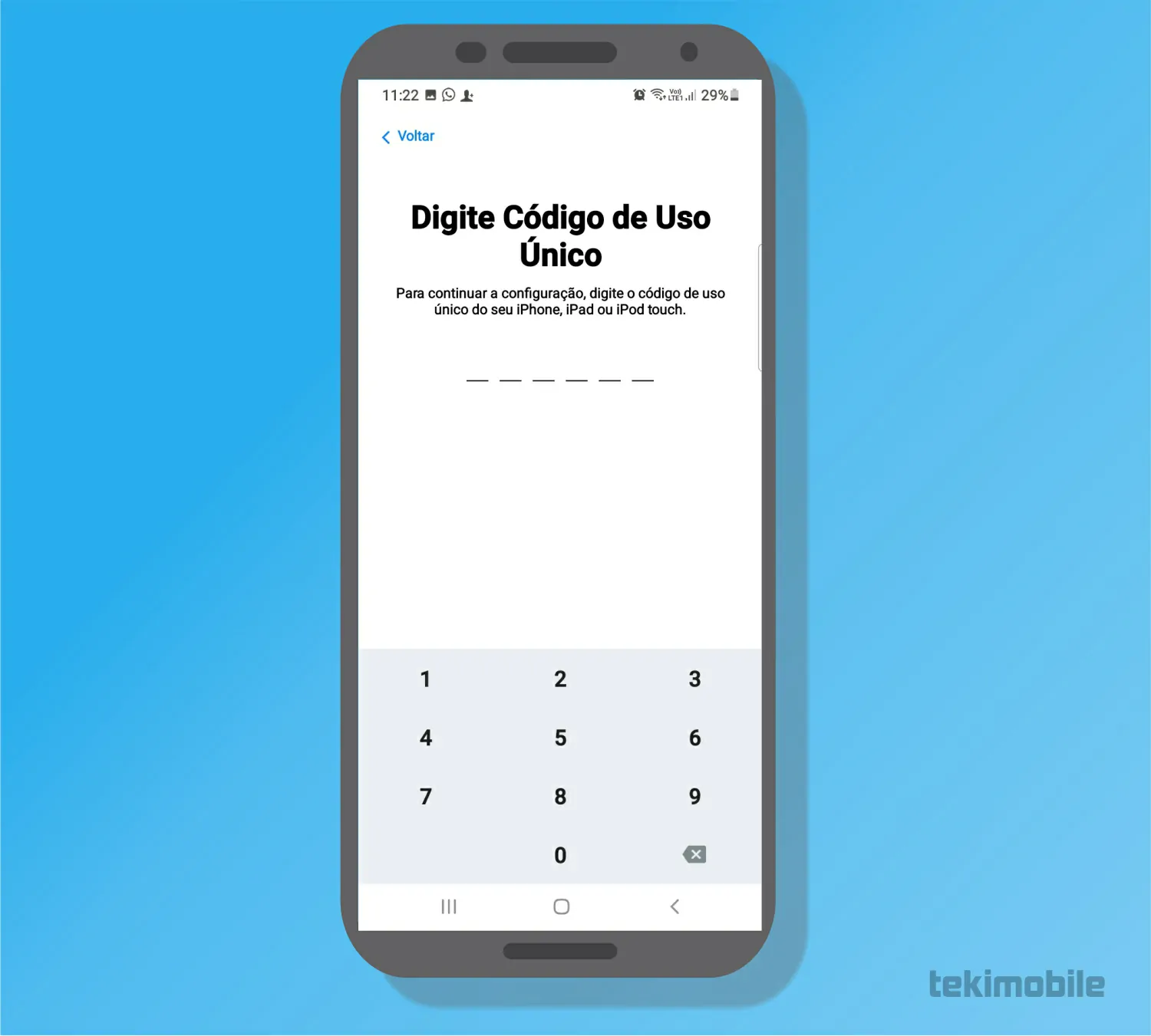 Digite o código de uso - Como transferir WhatsApp do Android para iPhone