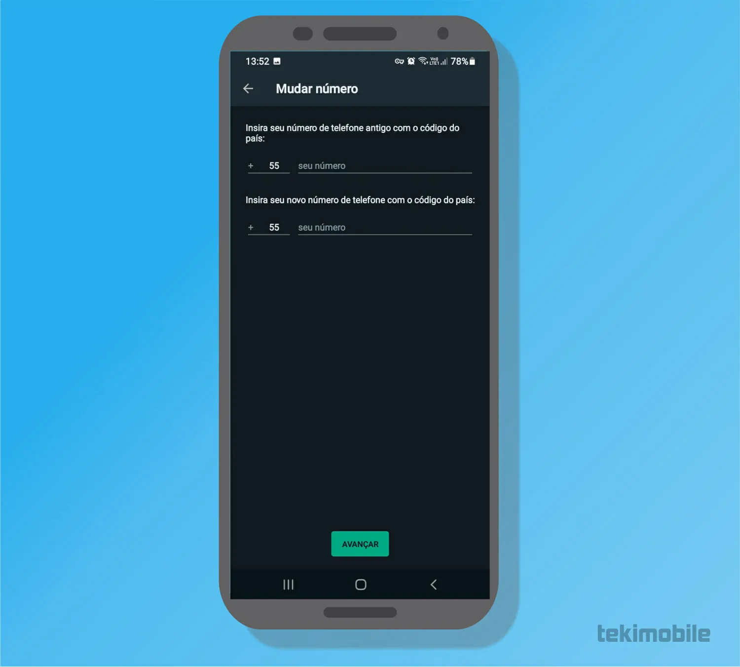 Mude o número e toque em Avançar - Como mudar o número do WhatsApp