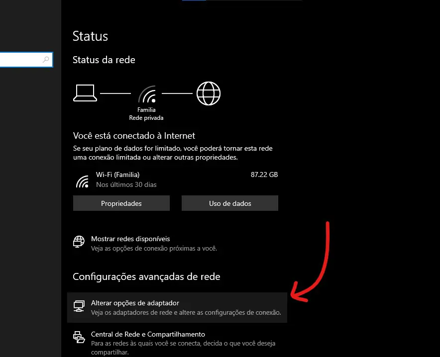 Selecione a opção Alterar o adaptador - Como usar o DNS público