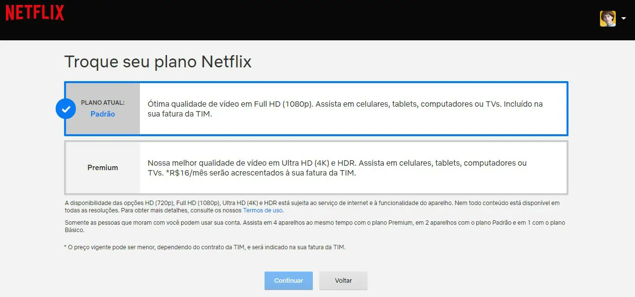 Selecione o plano - Como mudar de plano na Netflix