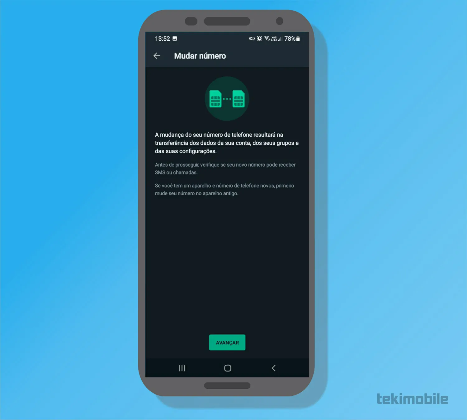 Toque em Avançar - Como mudar o número do WhatsApp
