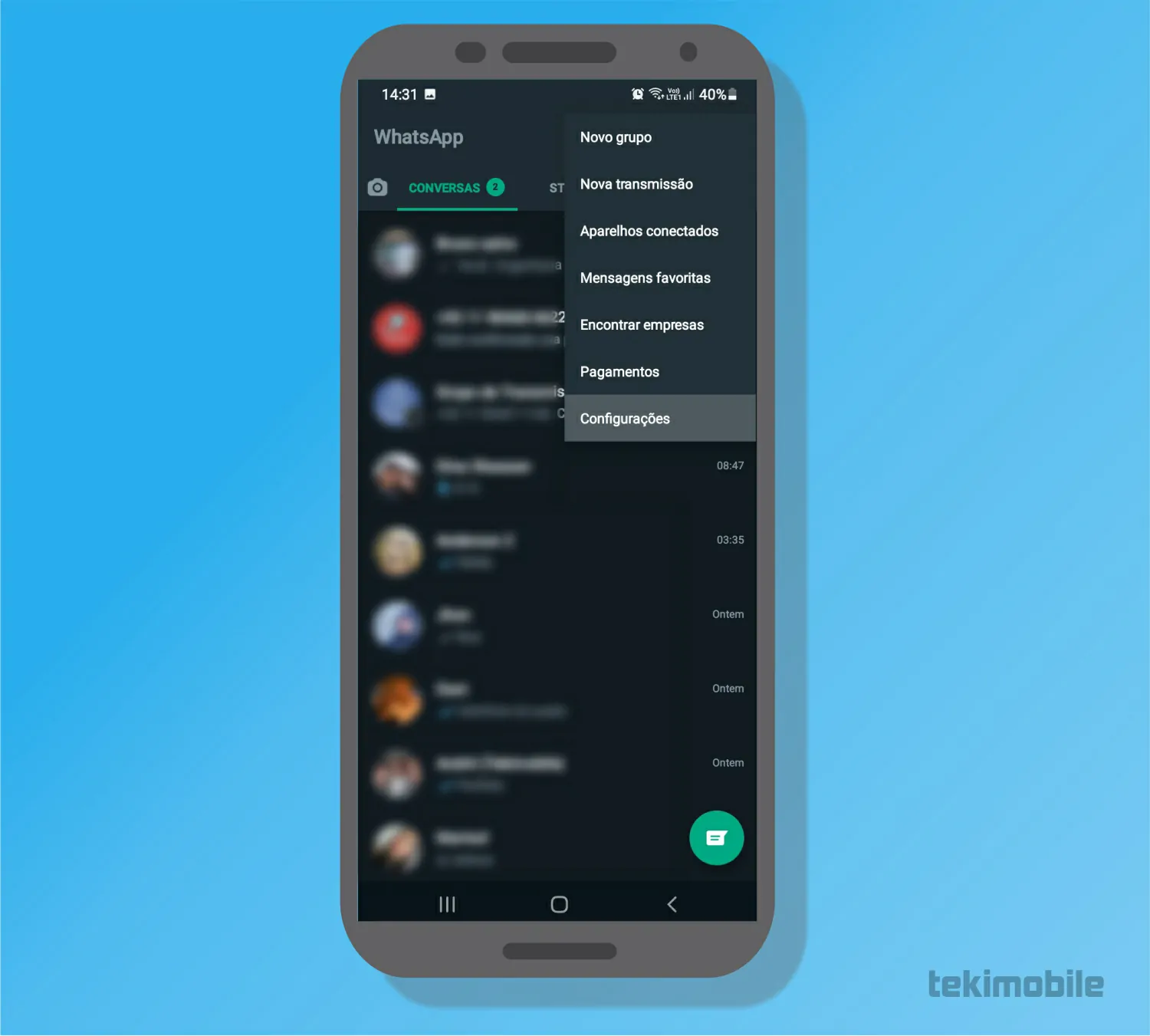 Toque em COnfigurações - Whatsapp como ficar invisível e esconder o online