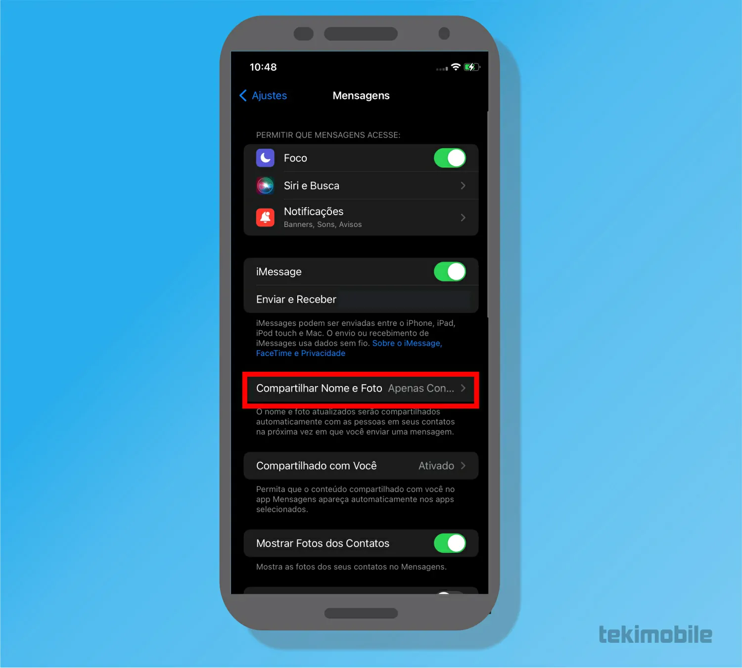Toque em Compartilhar Nome - dicas e truques do iMessage Apple