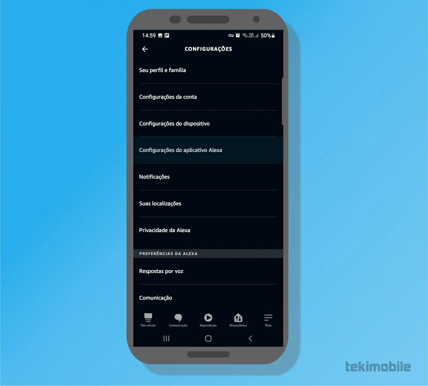 Toque sobre a opção Configurações Alexa - Como mudar a voz da Alexa no celular e na Echo