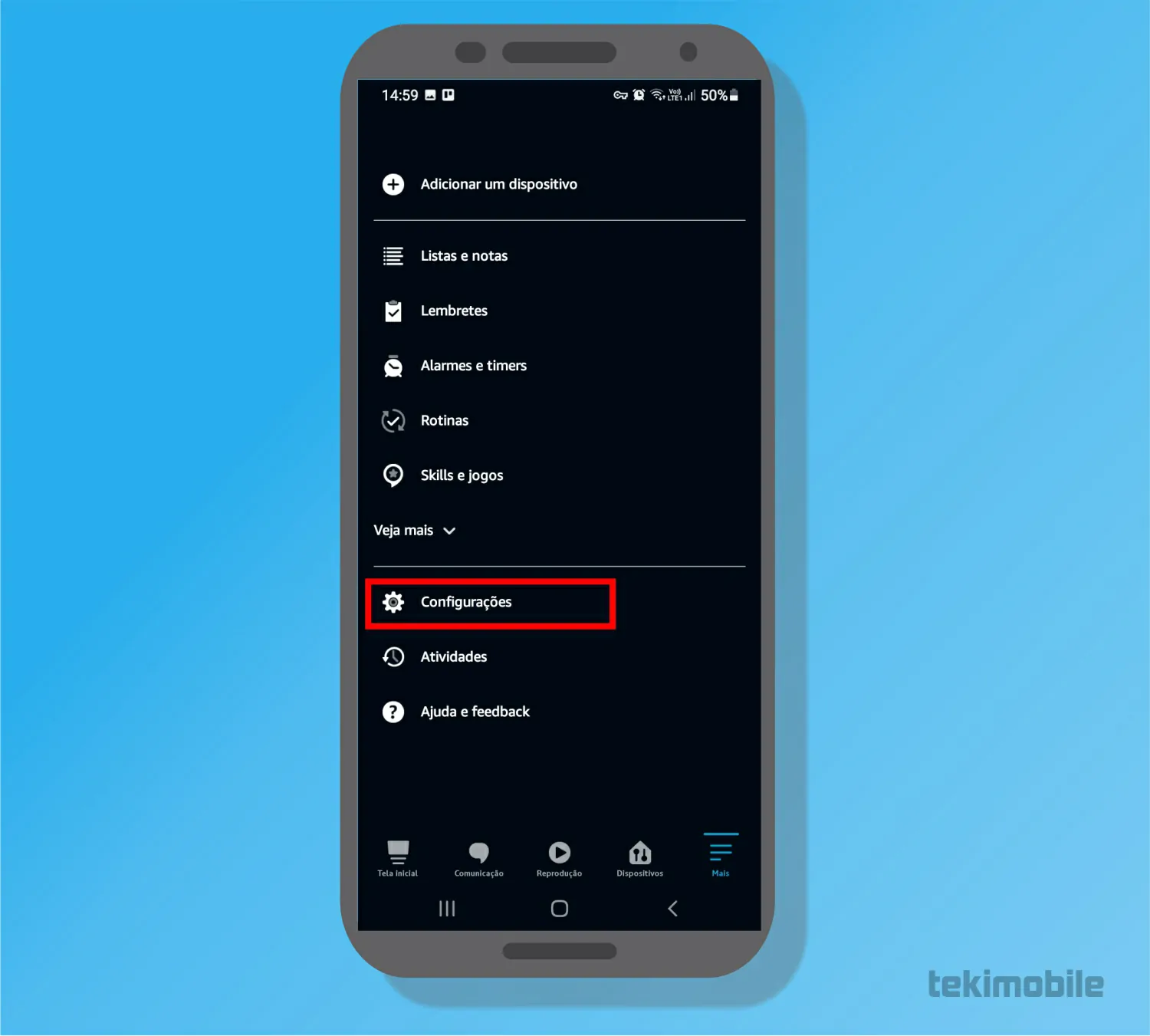 Toque sobre a opção Configurações - Como mudar a voz da Alexa no celular e na Echo