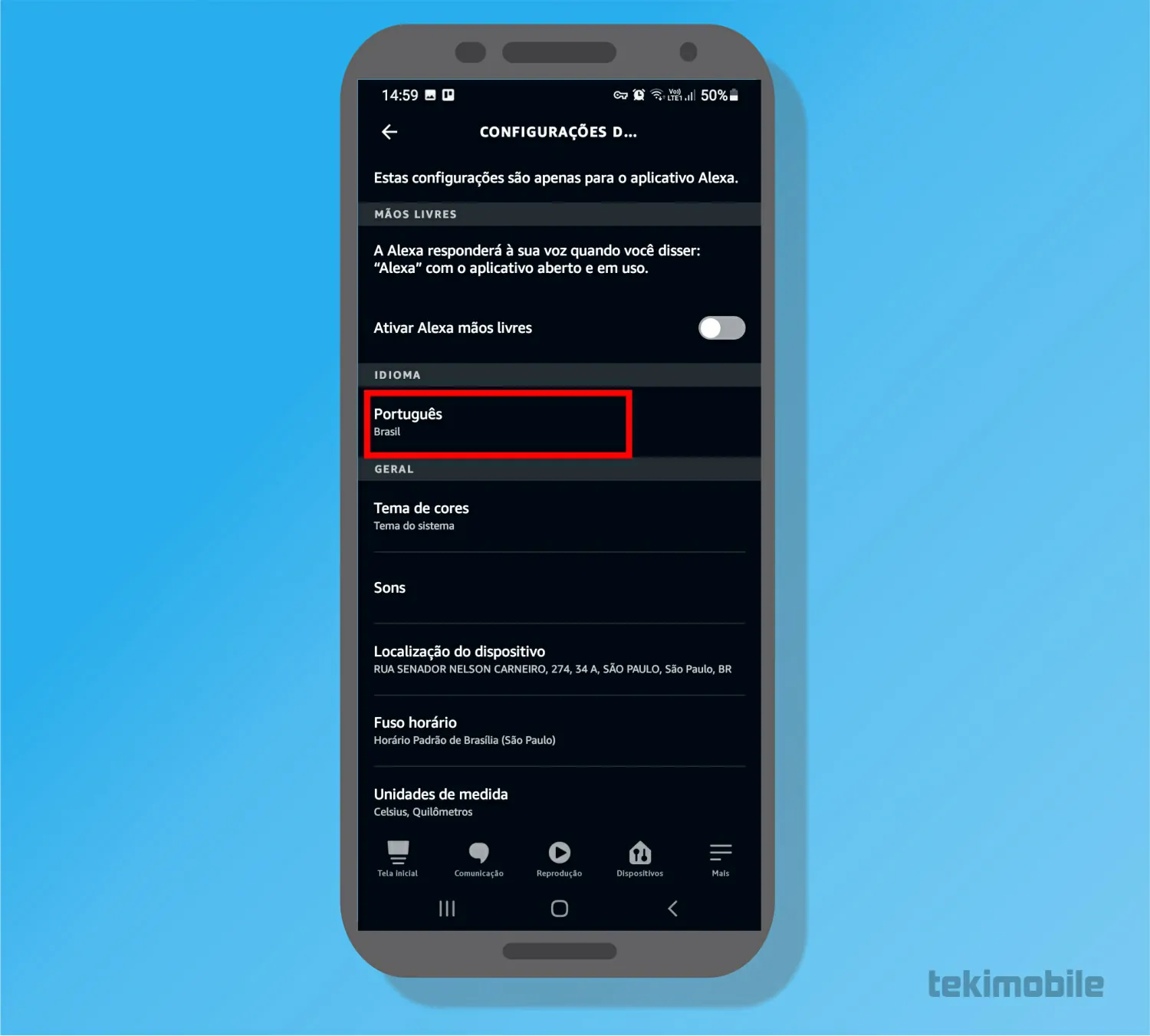 Toque sobre a opção Idioma - Como mudar a voz da Alexa no celular e na Echo