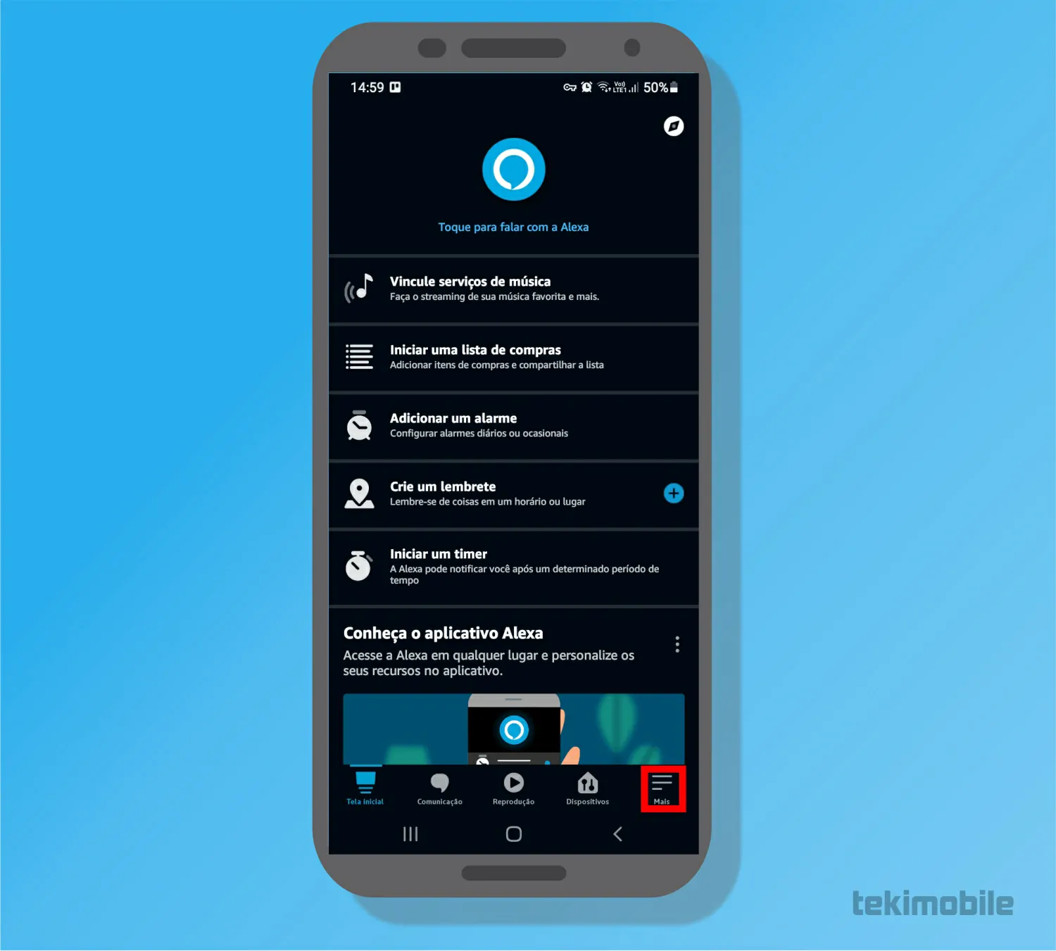 Toque sobre a opção Mais - Como mudar a voz da Alexa no celular e na Echo
